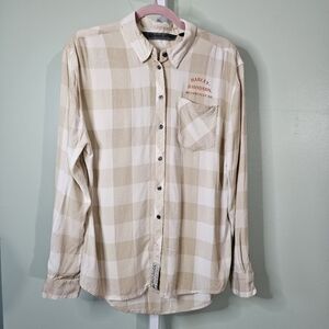 Harley Davidson Woven Shirt Womens Buffalo Plaid Long Sleeve‎ Medium Beige